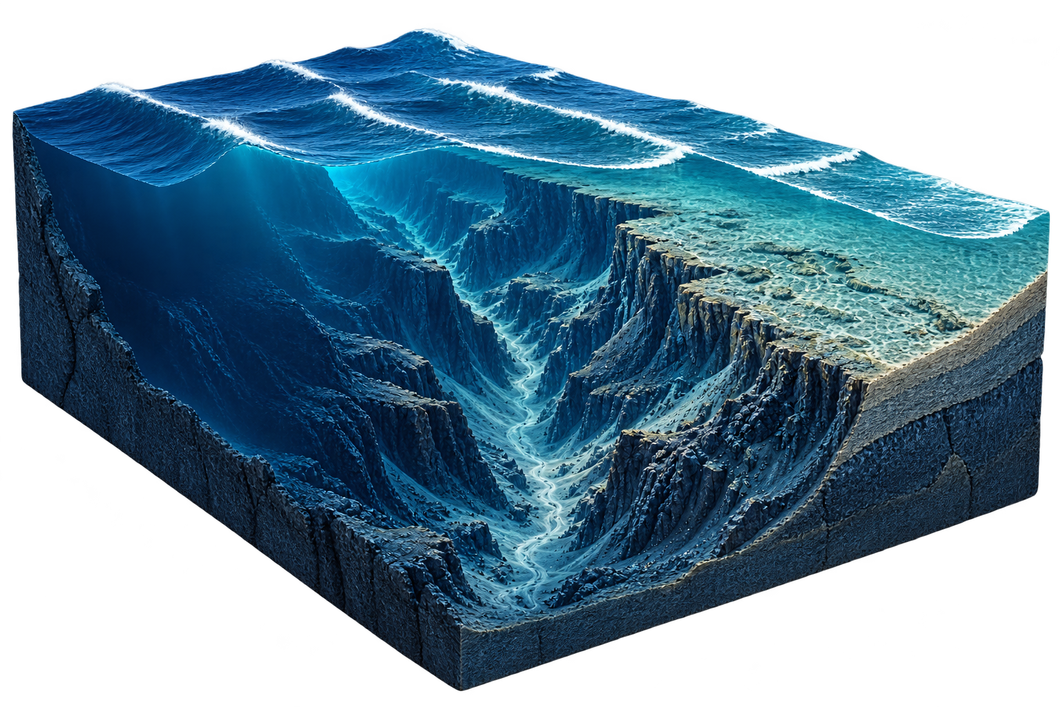 Conceptual ocean cutaway showing a deep canyon beside the shallow shelf